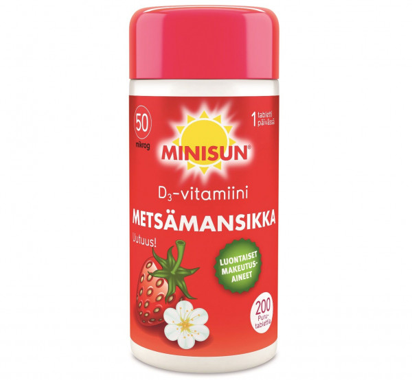 MINISUN D-VITAMIINI 50 MIKROG METSÄMANSIKKA PURUTABL 200 KPL,  МИНИСАН ВИТАМИН D 50 мкг, жевательные таблетки со вкусом клубники,  200 шт